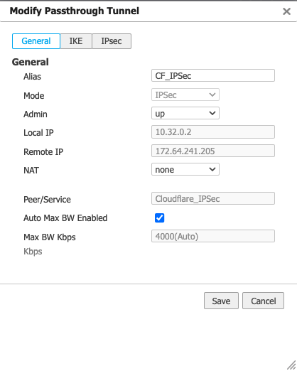 Modify Passthrough Tunnel dialog with General values